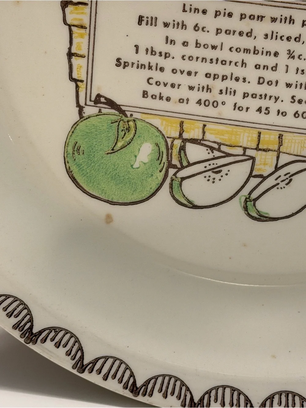 Vtg 1980s Apple Pie Recipe Plate Retro FarmhouseGreen Apple Ceramic Baking Dish